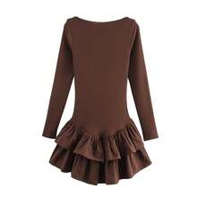 Women's Autumn Fashion New Double Layer Hem Patchwork Long Sleeve Short Dress - Coffee Brown - View 4