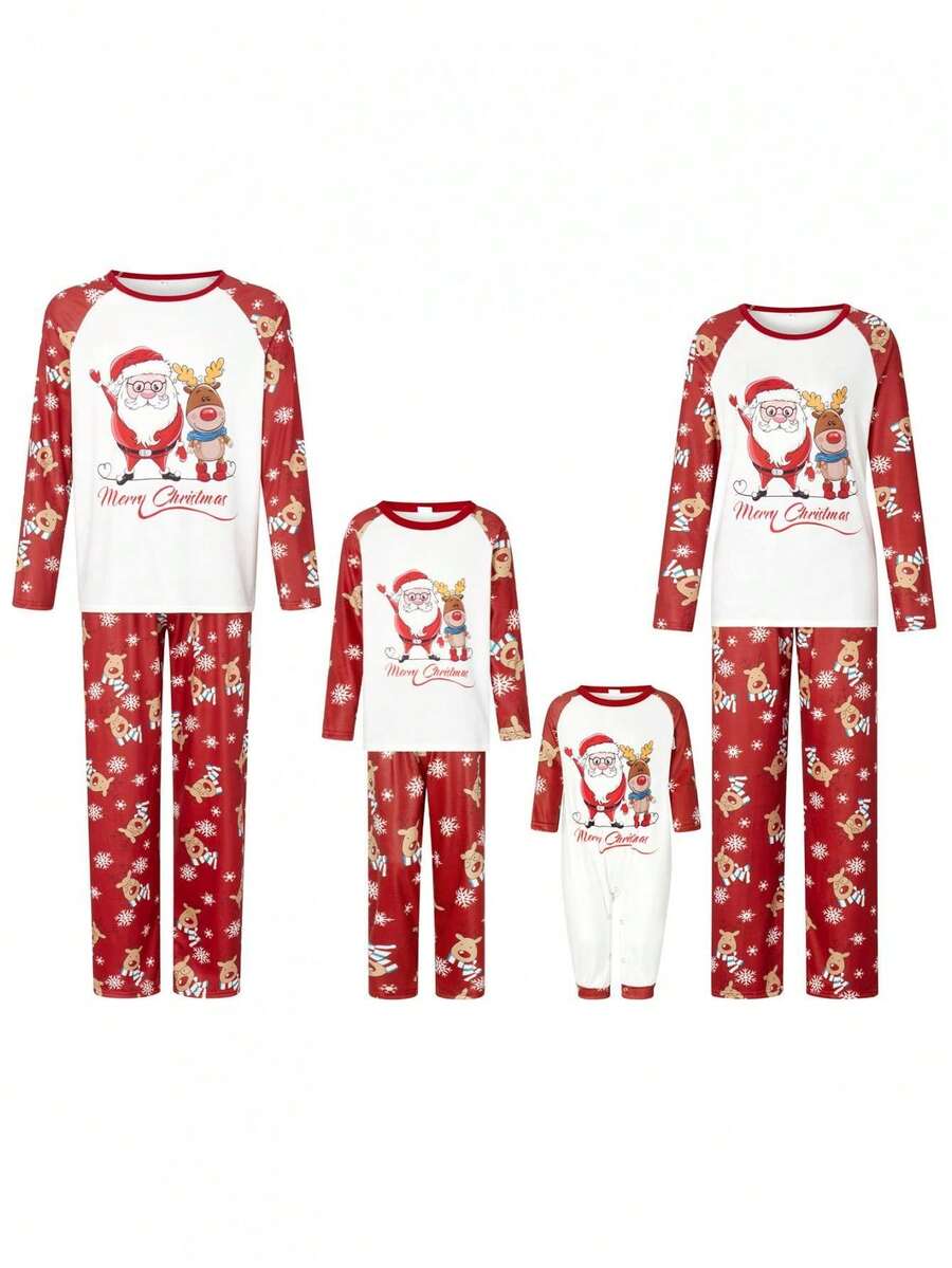 Christmas Family Pajamas Matching Set Santa Elk Print Long Sleeve Tops And Pants Loungewear Soft Sleepwear - 紅色 - 查看 1