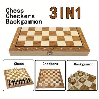 1 Set Chess Checkers Backgammon 3-In-1 Board Games Set, Wooden Chess Board With Plastic Chess Pieces For Adults,Lightweight Checkers Board Game,Strategy Backgammon Sets For Adults, Travel Chess Board Game Pieces Storage