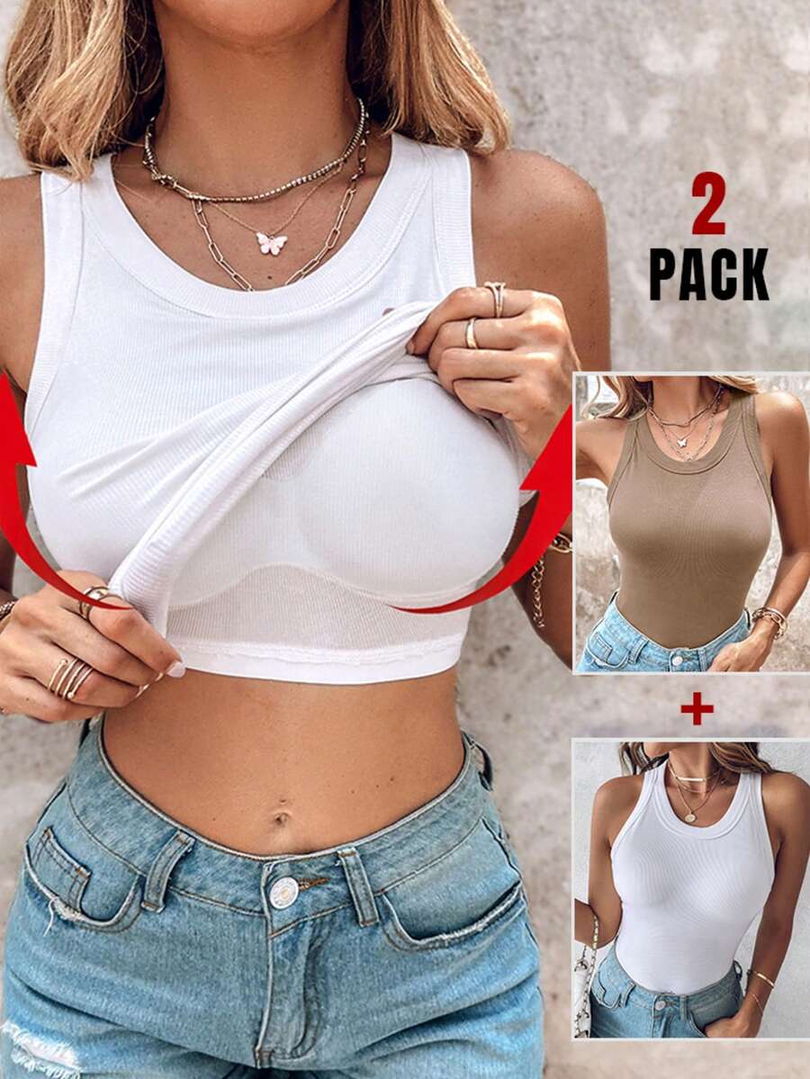 ChicMe 2pcs Built-In Bra Ribbed Knit Sleeveless Camisole, Fitted Slimming Casual Tank Top Summer