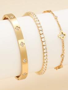 1pc Fashion Clover Zirconia Stainless Steel Women Bracelet Set, Suitable For Daily Wear, Couple Dating, Multi-Occasion Match And Gift Giving - Yellow Gold - View 14