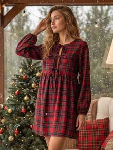 Women Plaid Long Sleeve Dress Casual Tie Front Round Neck A-Line Mini Ruffled Dress For Fall Spring - Red - View 2