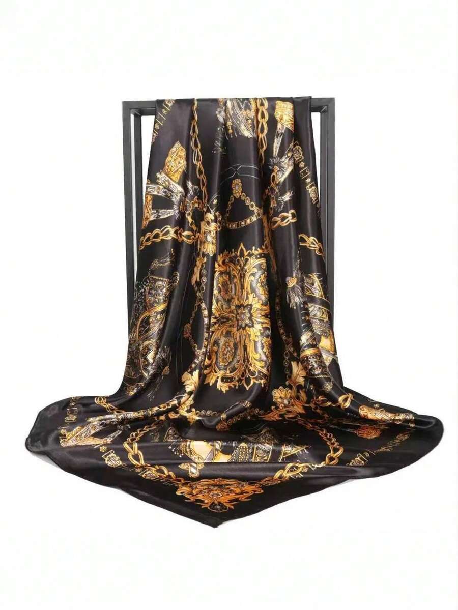 90x90 Lenço Cetim Xale Cabeça Pescoço de Seda Super Moda - ouro negro - Visão 1