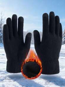 1 双黑色全指针织触屏手套，保暖内衬寒冷天气骑行手套