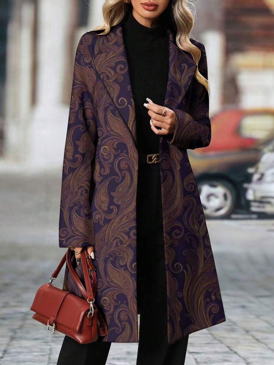 Women's Vintage Pattern Dark Purple Mid-Length Long Sleeve Notched Collar Mid-Length Blazer, Spring/Autumn - Dusty Purple - View 1