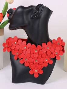 1件PU皮革花朵造型颈链，可调节颈圈，适合女性、女孩、派对、角色扮演、情人节礼物 - 紅色 - 查看 4