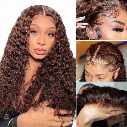 ZHENDEFA 360 Degree Lace Front Wig With Water Wave Pattern Hidden Straps, Chocolate Brown Hair Color, High Definition Transparent Lace Front Wig, Pre-Plucked Hairline, Can Be Styled Into Buns And High Ponytails, Lace Wig For Women Without Glue