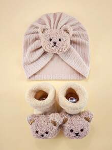 2件套新生儿冬季卡通发带帽+袜子套装，0-6个月宝宝高弹力帽子，柔软包裹帽和加厚袜子组合婴儿头饰套装 - 彩色 - 查看 10