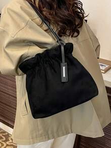 秋冬时尚复古麂皮手提包，休闲百搭女士单肩包，拉链封口，褶皱设计，优雅配色，大容量水桶包，适合日常通勤、约会、购物等场合。 - 彩色 - 查看 9