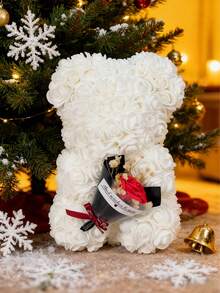 1 pieza Oso de peluche con rosa artificial blanca - Oso de rosa esponjoso y duradero con flores rojas acentuadas, elegante decoración de mesa para el hogar, decoración de sala de estar/dormitorio de moda, regalo versátil para el Día de San Valentín, Día de la Madre, Día del Padre, Navidad y ocasiones especiales - Multicolor - Ver 3
