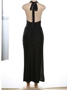 Đầm dự tiệc hở lưng gợi cảm cổ chữ V buộc dây xẻ trước - màu đen - Xem 3