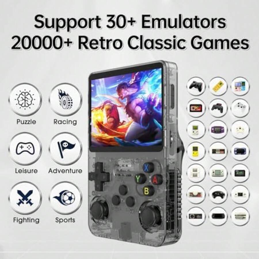 R36S Retro Handheld Game Console, 3.5 Inch IPS Screen, 64GB Memory, Over 30,000 Games, Based On LINXU Open Source ARKOS, 3500mAh Battery (White) - Black - View 1