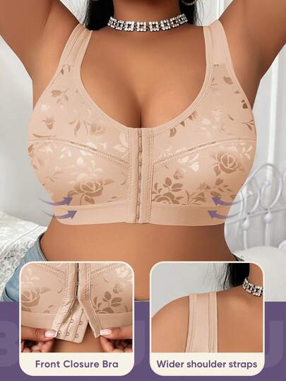 MEIYATING 1pc Women's Plus Size Front Closure Bra, Full Coverage, Soft & Breathable, U-Back Design