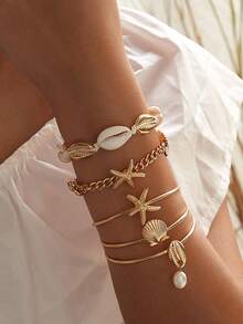 Juego de pulsera de mujer de moda y lujo con colgante de estrella de mar y concha, accesorios para vacaciones en la playa - Amarillo Oro - Ver 1