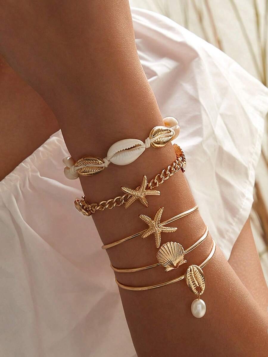 Juego de pulsera de mujer de moda y lujo con colgante de estrella de mar y concha, accesorios para vacaciones en la playa - Amarillo Oro - Ver 1