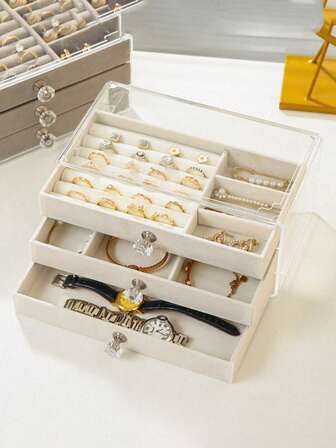 三合一首饰收纳盒，多功能抽屉式首饰盒，防尘防潮，三层绒面首饰整理盒，适用于耳环、首饰等，桌面化妆品抽屉式收纳盒