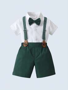 2pcs Young Boys Gentleman Outfit - Short Sleeve Collared Shirt With Bow Tie And Suspender Shorts, Fashionable & Stylish For Birthday Party, Wedding, Daily Wear