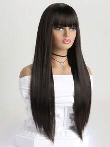 Peluca recta de 26 pulgadas de largo de color vino tinto con flequillo, peluca sintética resistente al calor con apariencia natural, adecuada para uso diario, Halloween, fiestas de cosplay y talla grande - Marrón oscuro - Ver 2