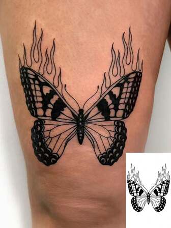 1 张可水洗临时纹身贴纸，采用 PVC 材料制成，饰有炫酷的火焰蝴蝶图案，防水防汗，可持续 3-7 天，适合注重时尚的人士。