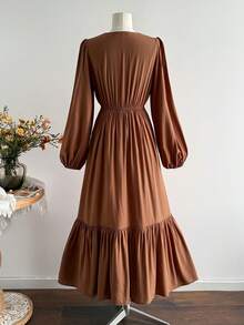 Rusttydustty Robe bohème pour femmes à col en V en dentelle et patchwork marron, décontractée, élégante, vintage et romantique. Robe simple pour les vacances et les stations balnéaires, automne/hiver - Tabac - Voir 3