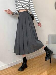 女士纯色高腰褶裥休闲A字裙 - 灰色 - 查看 4