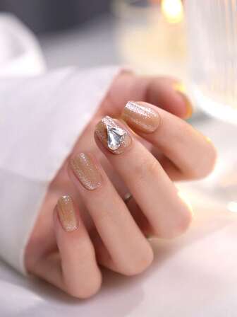 24片短款方形甜美钻石闪粉设计美甲贴片，附赠果冻胶和指甲锉