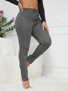 Women's Classic Skinny Jeans With ButtonFront Flap - Sexy Stretch Denim Pants, Versatile Everyday Wear Slim Fit - Grey - View 5