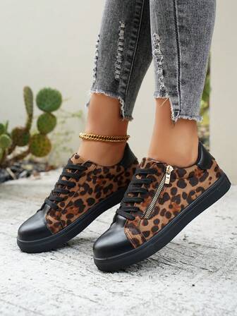 女士新款时尚户外休闲运动鞋，舒适百搭系带侧拉链豹纹拼接系带休闲运动鞋