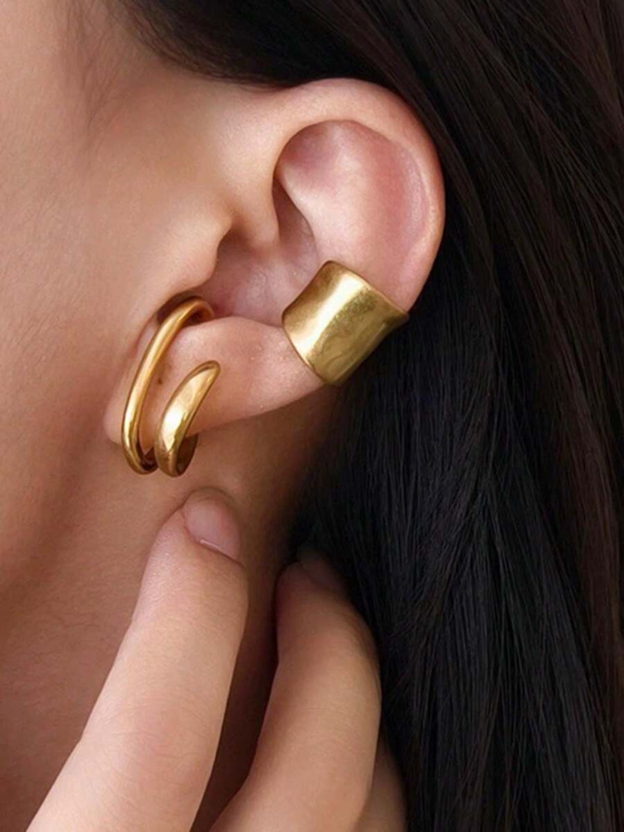 1pc Minimalist Curved Design Fake Ear Cuff Double Hoop Earrings, Women Jewelry, Punk Chic Ear Cuff Accessories