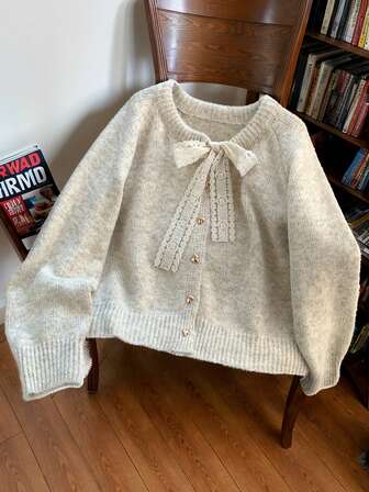 JIANHU Elegante cárdigan de punto con lazo de encaje y botones con forma de corazón, suéter romántico para Navidad, Año Nuevo y San Valentín