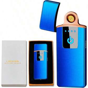 Electronic Lighter Windproof USB Rechargeable Slim Coil Electric Lighters With Smart Fingerprint Sensor Double Side Ignition Creative Power Indicator Flameless Boyfriends Gifts Blue-11