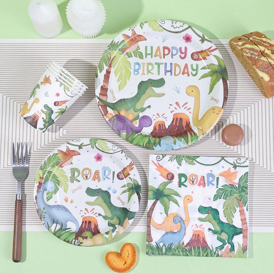 10pcs/20pcs/50pcs/80pcs,Dinosaur Theme Birthday Party Supplies Disposable Tableware Set Fun Cartoon Dinosaur 9 Inch 7 Inch Plates, Cups And Napkins For Newborn Shower Children's Birthday Party Decoration, Dinosaur Birthday Theme Decoration - Multicolor - View 1