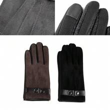 1 Pair Winter Thickened Fleece Men's PU Material Gloves, Men's Fleece Lined Warm Gloves, Outdoor Gloves, Full Finger Gloves, Men's PU Gloves, Available In Black, Brown, Gray, Blue, Holiday,, Thanksgiving - 灰色的 - 查看 2
