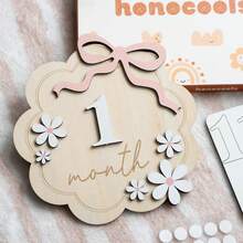 一套婴儿1-12个月木制花朵成长里程碑摄影道具，成长记录，双面里程碑吊坠，每月里程碑卡片，新生儿每月里程碑木制卡片 - 粉蝴蝶結 - 查看 8