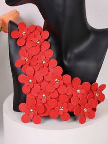 1件PU皮革花朵造型颈链，可调节颈圈，适合女性、女孩、派对、角色扮演、情人节礼物 - 紅色 - 查看 5