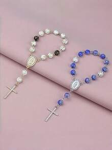 1 pieza Elegante colgante de rosario con cruz para espejo retrovisor del coche - Cuentas de perlas falsas y cadena de aleación, decoración interior del coche duradera, regalo perfecto para ocasiones especiales - Multicolor - Ver 6