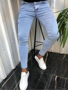 男式破洞紧身弹力牛仔裤，休闲修身裤 - 藍色 - 查看 1