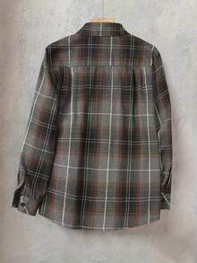 女士优雅百搭通勤休闲格子衬衫 - 长袖，亲肤柔软舒适面料，正面纽扣，宽松上衣带口袋，外观时尚，适合休闲穿着或夜间外出，适合春夏秋冬的女士衬衫上衣 - 灰色 - 查看 4