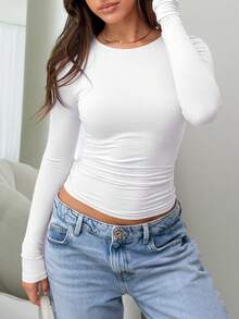 Elegant & Versatile Women Plain Crew Neck Long Sleeve Ruched Fitted Slim Fit T-Shirt,Suitable For Summer And Autumn/Winter Seasons - White - View 3