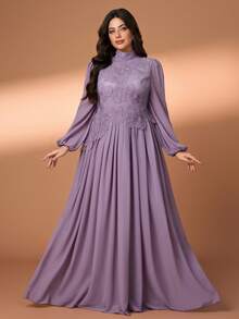 YISIKADO Women Plus Size Elegant Long Dress Stand Collar Bishop Sleeve Appliques Zipper Contrast Mesh Formal Evening Gown - Màu tím - Xem 1