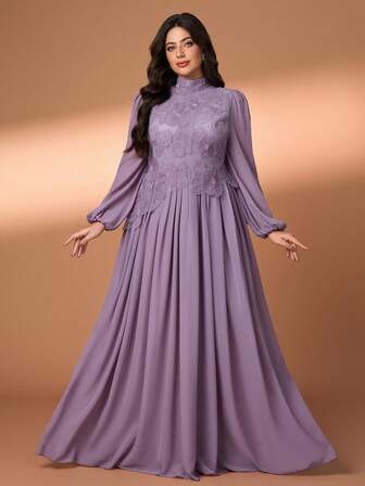 YISIKADO Women Plus Size Elegant Long Dress Stand Collar Bishop Sleeve Appliques Zipper Contrast Mesh Formal Evening Gown