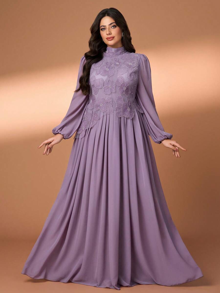 YISIKADO Women Plus Size Elegant Long Dress Stand Collar Bishop Sleeve Appliques Zipper Contrast Mesh Formal Evening Gown - Màu tím - Xem 1