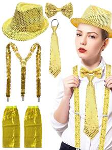 5 piezas D EXCEED Accesorios de disfraz de fiesta de los años 70 y 2000 para hombres y mujeres, que incluyen sombrero de fedora con lentejuelas, corbata de moño, tirantes para bailes, discotecas, fiestas clásicas de pop y superestrella, y eventos de cosplay - Multicolor - Ver 2