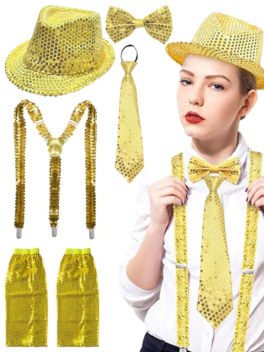 5 piezas D EXCEED Accesorios de disfraz de fiesta de los años 70 y 2000 para hombres y mujeres, que incluyen sombrero de fedora con lentejuelas, corbata de moño, tirantes para bailes, discotecas, fiestas clásicas de pop y superestrella, y eventos de cosplay
