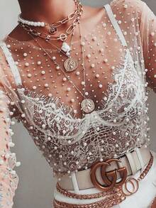 Women's Sheer, Sparkling Pearl And Rhinestone Embellished Top, Round Neck, Long Sleeves, Sheer Mesh Blouse, Suitable For Wedding Guests. - 咖啡棕 - 查看 2