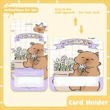 1 pieza Soporte para tarjeta de identificación de estudiante, tarjeta de acceso, tarjeta de almuerzo, tarjeta de autobús, tarjeta de trabajo con diseño de Capibara comiendo pastel y cordón retráctil amarillo de primavera, estilo lindo para el campus - casquillos de resorte - Ver 6