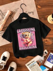 Áo thun cổ tròn tay ngắn in họa tiết hoạt hình và chữ cái cho bé gái - màu đen - Xem 2