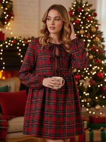 Women Plaid Long Sleeve Dress Casual Tie Front Round Neck A-Line Mini Ruffled Dress For Fall Spring - Red - View 3