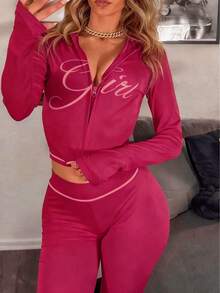 女士休闲印花“女孩”拉链连帽衫和裤子套装，街头风运动长袖两件套，适合派对和聚会穿着，春秋皆宜。 - 玫紅色 - 查看 2