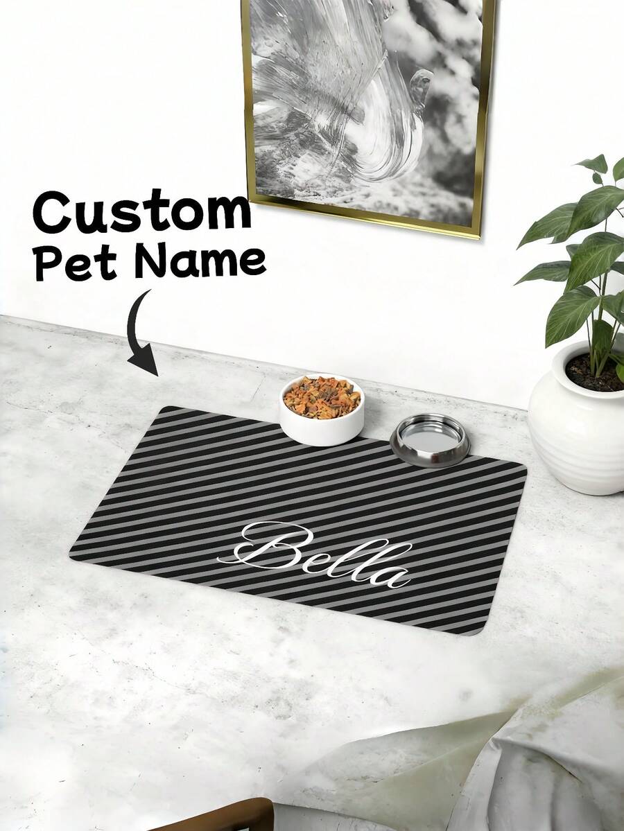 1pc Customized Pet Mat, Personalized Pet Name Food Mat, Striped Pattern, Non-Slip Animal Mat, Customized Dog Bowl Mat, Personalized Pet Mat, Christmas Gift - Multicolor - View 1